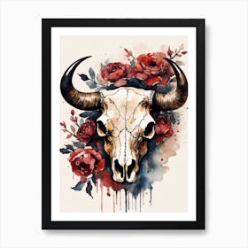 Vintage Boho Bull Skull Flowers Painting (34) Art Print