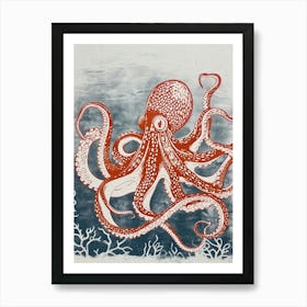 Linocut Inspired Octopus Deep In The Ocean 1 Art Print