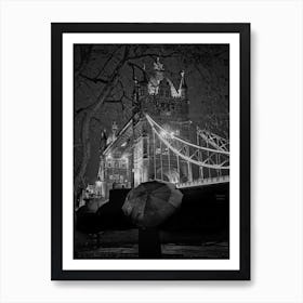 London Tower Bridge Rain Night Bw Art Print