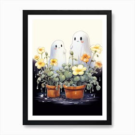 Cute Bedsheet Ghost, Botanical Halloween Watercolour 138 Art Print