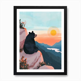 American Black Bear Looking At A Sunset From A Mountain Storybook Illustration 1 Art Print
