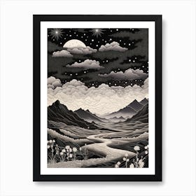 Aso Caldera In Kumamoto, Ukiyo E Black And White Line Art Drawing 3 Art Print