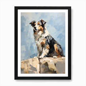 Australian Shepherd Dog, Painting In Light Teal And Brown 2 Art Print