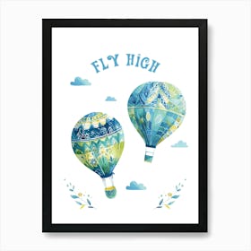 Two Flying Hot Air Balloon Blue Twins Boy Nursery Wall Art Art Print