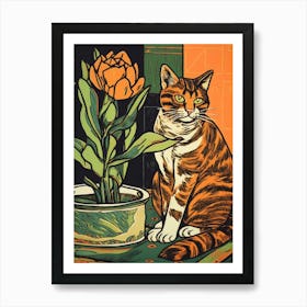 Drawing Of A Still Life Of Tulips With A Cat 4 Art Print