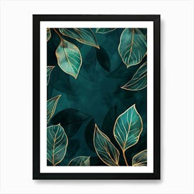 Gold Leaves On A Teal Background Art Print