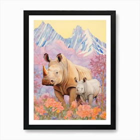 Rhino With Rhino Baby Patchwork 1 Art Print