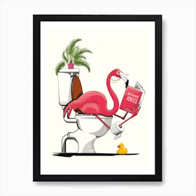 Flamingo Reading On Toilet Art Print