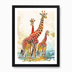 Herd Of Giraffe In The Water Watercolour 2 Art Print