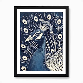 Blue Linocut Inspired Peacock Portrait 4 Art Print