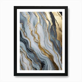 Abstract Marble Artwork Featuring Sinuous Gold And Silver Waves Flowing Amidst A Swirling Ocean Of V (4) Art Print