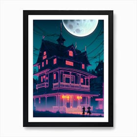 Neon Vibrant House In The Moonlight Art Print