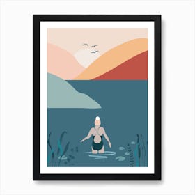 Woman Wild Swimming In Lake At Sunset Art Print