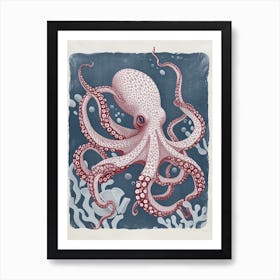 Retro Linocut Inspired Red & Navy Octopus 2 Art Print