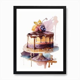 Chocolate Caramel Cake Dessert Pastel Watercolour Flower Art Print