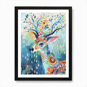 An Animal With Raindrops, The Head Of An Elegant Deer Adorned With Colorful Floral Patterns, Standing Against A Light Blue And Green Background, Surrounded By Water Droplets 3 Art Print