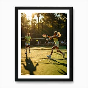 Tennis Match Captured In Natural Light Dynamic Action Shot Players Poised Mid Strike Sun Casting (2) Art Print