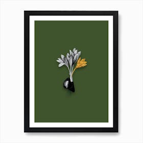 Vintage Autumn Crocus Black and White Gold Leaf Floral Art on Olive Green n.0414 Art Print