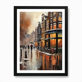 Amsterdam cafes, winter season, winter oil colors, pedestrians in the street, winter clothes, rain falling, Amsterdam print, Netherlands print, travel gift, Netherlands poster.6 12 Póster