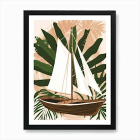 Sailboat With Palm Leaves 1 Art Print