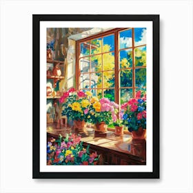 Anime Canvas Art: Sunlit Rustic Kitchen with Vibrant Potted Flowers, Wooden Textures, and Garden View, Perfect for Lofi Aesthetic and Nature-Inspired Decor Fans. Art Print