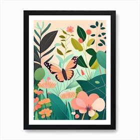 Butterfly In Botanical Gardens Scandi Cartoon 1 Art Print