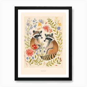 Folksy Floral Animal Drawing Racoon 4 Poster Art Print