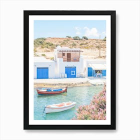 Milos, Greece I Cyclades blue and white fishing village architecture with Bougainvillea pink flowers wild boho nature photography and colorful boats in paradise blue turquoise waters of the Mediterranean sea Art Print