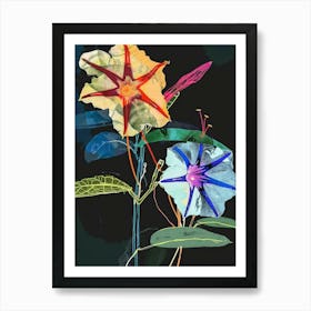 Neon Flowers On Black Morning Glory 4 Art Print