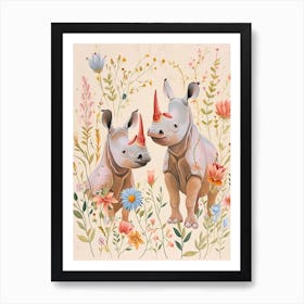 Folksy Floral Animal Drawing Rhino Art Print