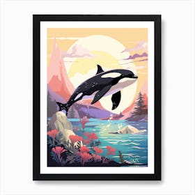 Orca Whale Pastel Mountain And Sun Art Print