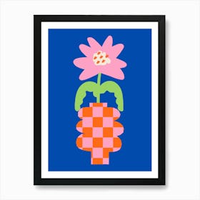 Checkered Flower Vase On A Blue Background Art Print