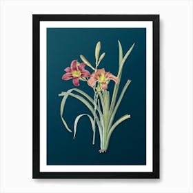 Vintage Orange Day Lily Botanical Art on Teal Blue n.0918 Art Print