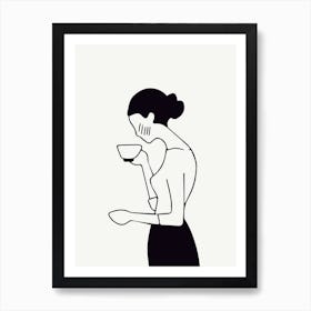 Black And White Drawing Of A Woman Drinking Coffee Fashion Monoline Art Print