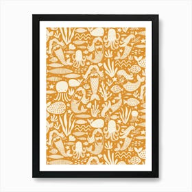 Underwater Mermaids and Sea Life Block Print White on Bright Orange Kids Art Print