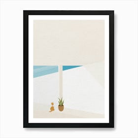 Minimal art of a dreamy cat next to the house Art Print
