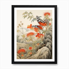 Butterfly With Flowers Japanese Style Painting 2 Art Print