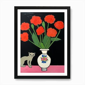 A Painting Of A Still Life Of A Carnations With A Cat In The Style Of Matisse 2 Art Print