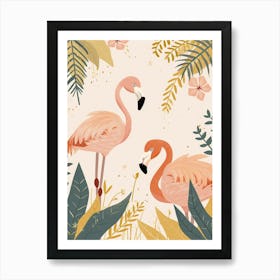 Lesser Flamingo And Tiare Flower Minimalist Illustration 1 Art Print