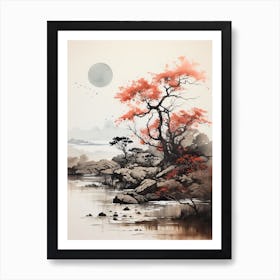 Tottori Sand Dunes In Tottori, Japanese Brush Painting, Ukiyo E, Minimal 4 Art Print