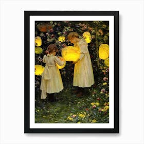 Japanese Lanterns, 1895 Antique Oil painting of Victorian Girls in the Garden by Luther Emerson Van Gorder HD Remastered Art Print