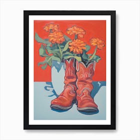 A Painting Of Cowboy Boots With Red Flowers, Fauvist Style, Still Life 8 Art Print