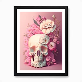 Skull With Intricate 2 Linework Pink Vintage Floral Art Print