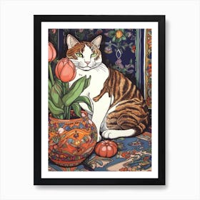 Drawing Of A Still Life Of Tulips With A Cat 1 Art Print