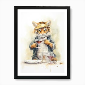 Tiger Illustration Tasting Wine Watercolour 2 Art Print