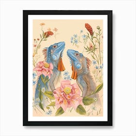 Folksy Floral Animal Drawing Iguana Art Print