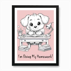 line Art Puppy Doing Homework Nursey or Kids Room Affiche