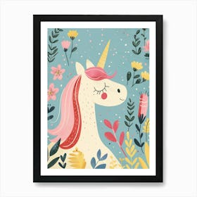 Storybook Style Unicorn & Flowers Pastel 3 Art Print