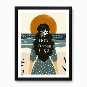 Into Ocean I Go, sunset, dress, long black hair woman portrait  Art Print