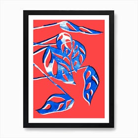 Monstera Obliqua In Red And Blue Art Print